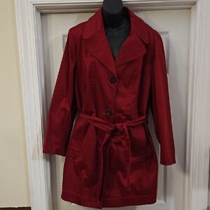 Vibrant Red Trench Coat with Belt and Sheen